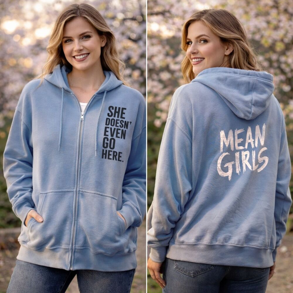 Mean Girls Musical Zip Hoodie XXL Blue "She Doesn't Even Go Here" Official Merch